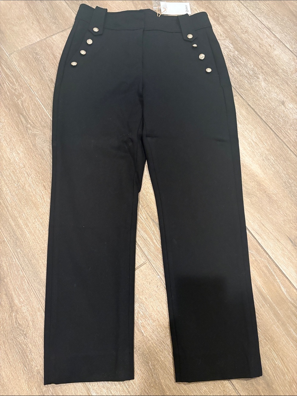 Quince Black High-Rise Straight Trousers with Decorative Buttons